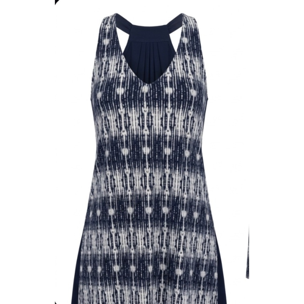 Navy White Ikat Print Sleeveless V-Neck Shift Dress Pleated Racerback Lined‎